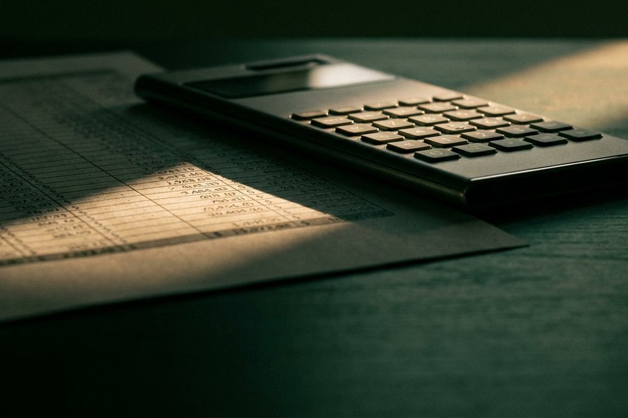 Calculadora sobre a planilha de valores impressa, na mesa escura, com a luz rasante atravessando o papel
