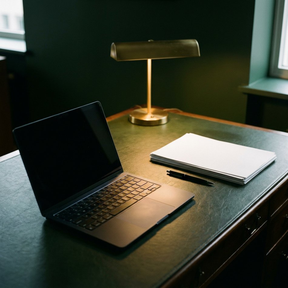 Canto do escritório: parede verde, luminária de mesa acesa e o notebook aberto sobre a mesa de trabalho