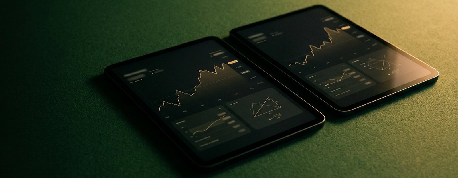 Dois tablets lado a lado sobre feltro verde, cada um com uma leitura de dados diferente