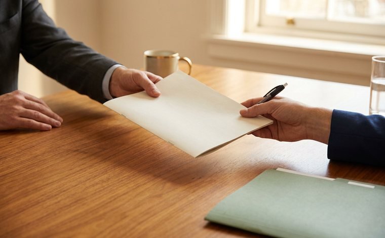 Duas mãos sobre a mesa de reunião, uma passando o contrato para a outra