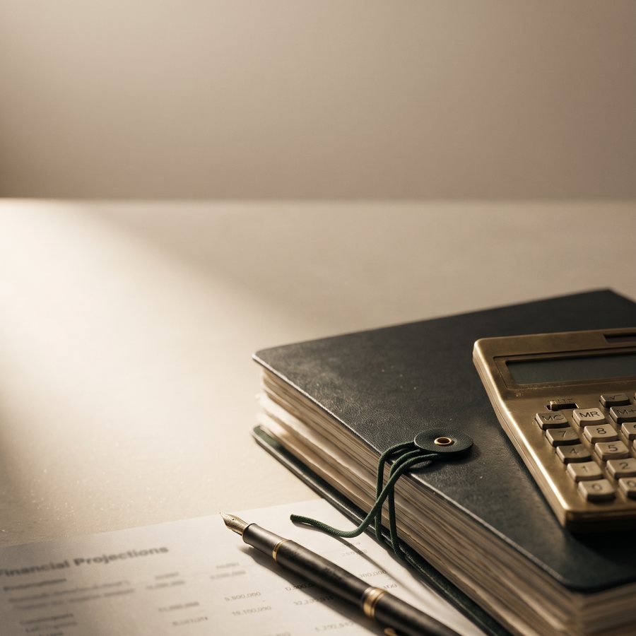 Mesa de trabalho com calculadora financeira, folhas de cálculo e estante de volumes ao fundo