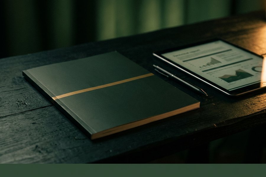 Parecer técnico encadernado em capa verde com fio dourado, ao lado do tablet, sobre a mesa escura