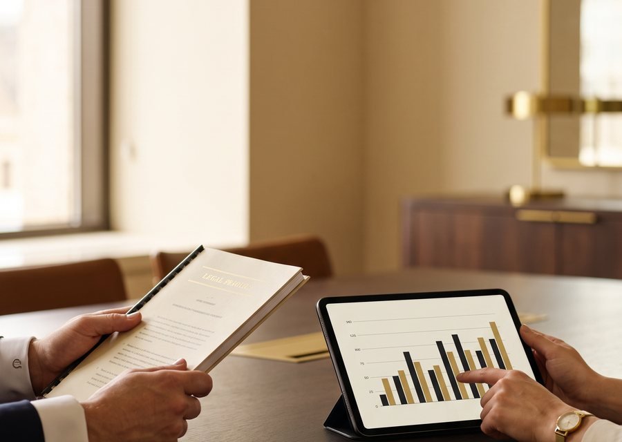 Reunião de trabalho na Computus: parecer impresso de um lado da mesa, tablet com o gráfico de provisão do outro