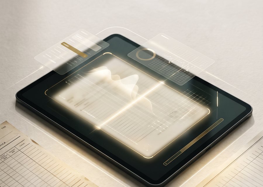 Tablet lendo um documento de cálculo, com a camada de dados projetada sobre o papel
