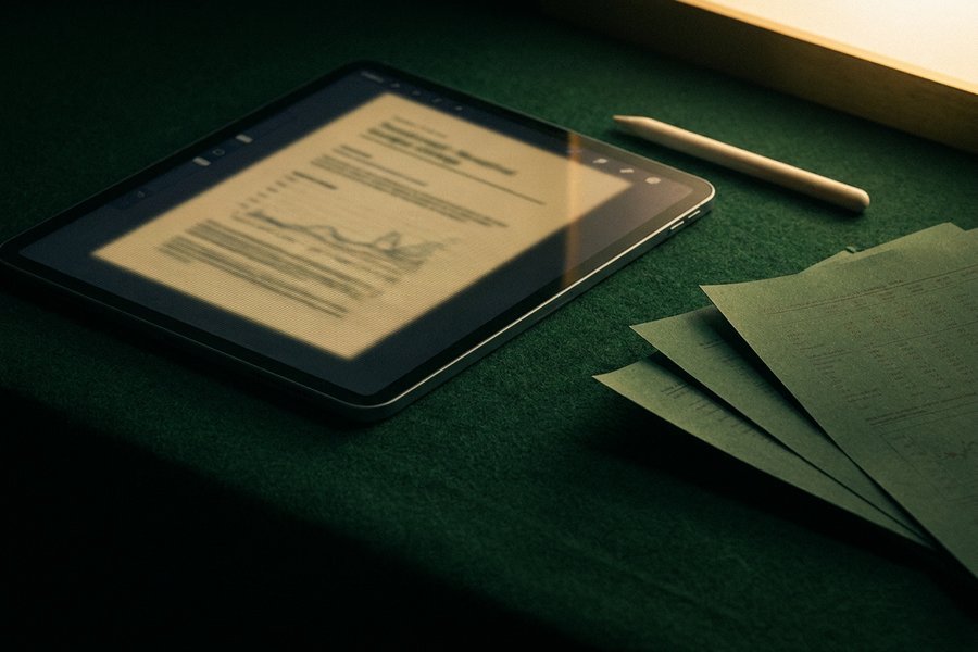 Tablet lendo um documento de cálculo sobre a mesa verde do escritório, com a linha de leitura atravessando o texto