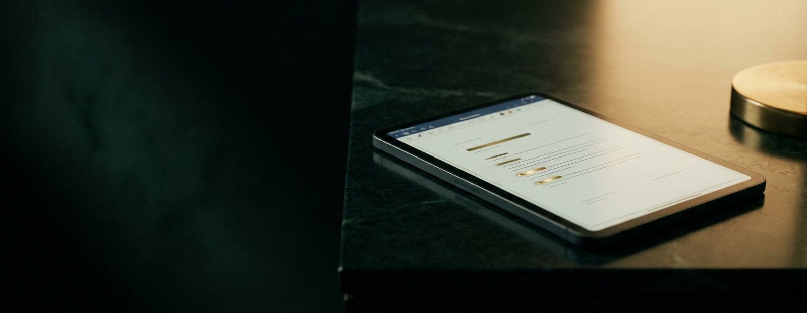 Tablet sobre a mesa escura, com um documento aberto e algumas linhas marcadas