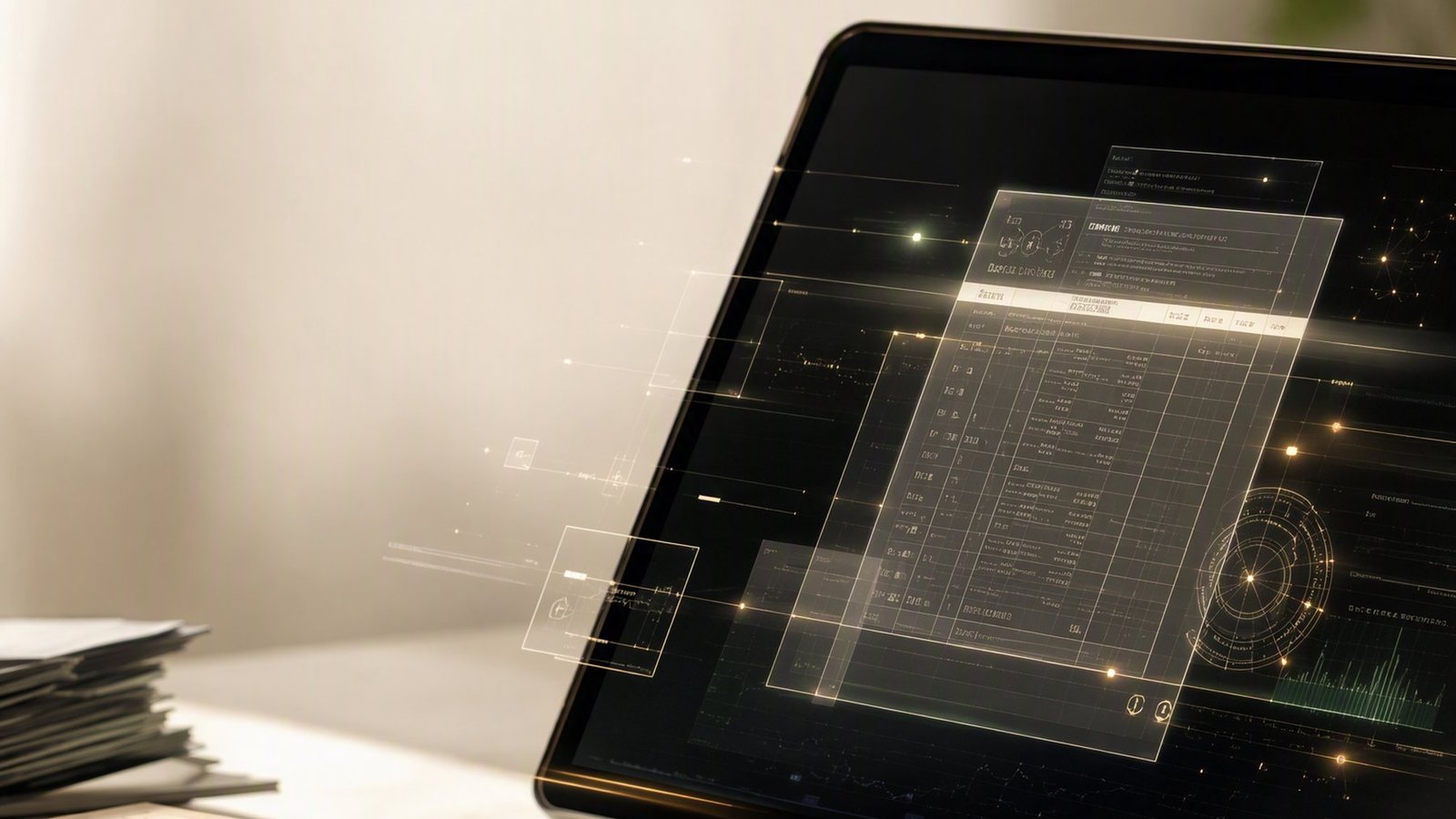 Tela de tablet exibindo uma leitura de dados em sobreposição a documentos de cálculo, sobre mesa clara